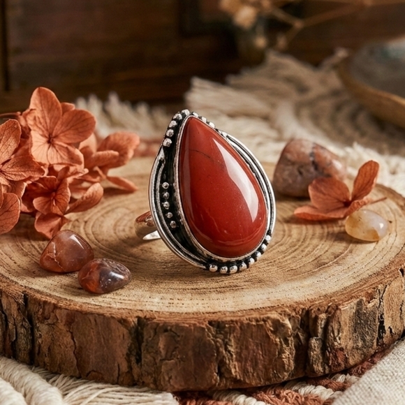Sterling Silver Red Moss Agate Artisan Statement Ring Boho Teardrop Size 7.75 - Picture 7 of 12